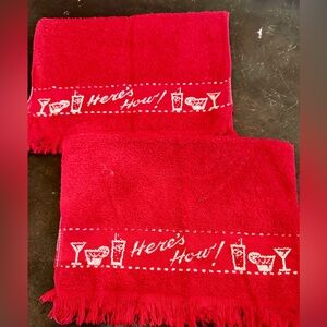 2 bright Red Terry cloth cocktail Design Towels, MCM, “ Here’s How”